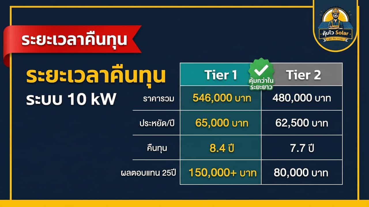 ระยะเวลาคืนทุน Tier 1 vs Tier 2 ระบบ 10 kW