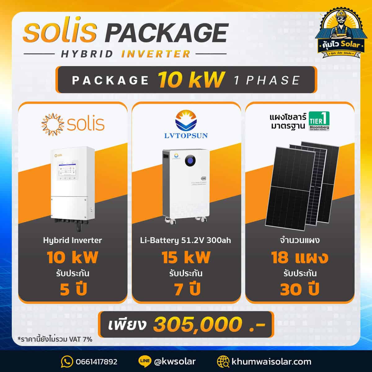 ชุดโซล่าเซลล์ Hybrid 10kW | Inverter Solis | ระบบไฟ 1 เฟส พร้อมแบตเตอรี่ LVTOPSUN