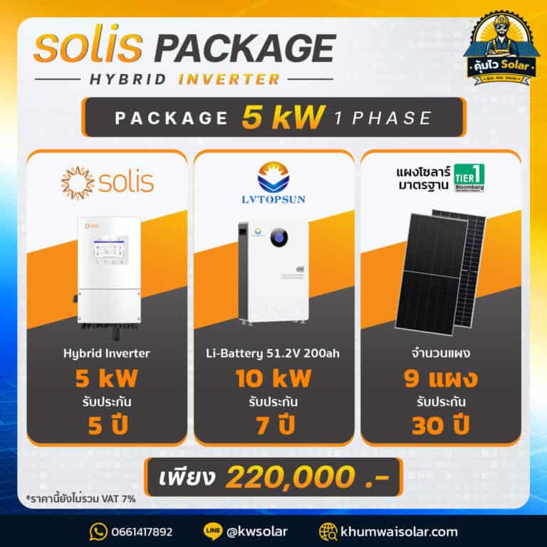 ชุดโซล่าเซลล์ Hybrid 5kW | Inverter Solis | ระบบไฟ 1 เฟส- คุ้มไว Solar