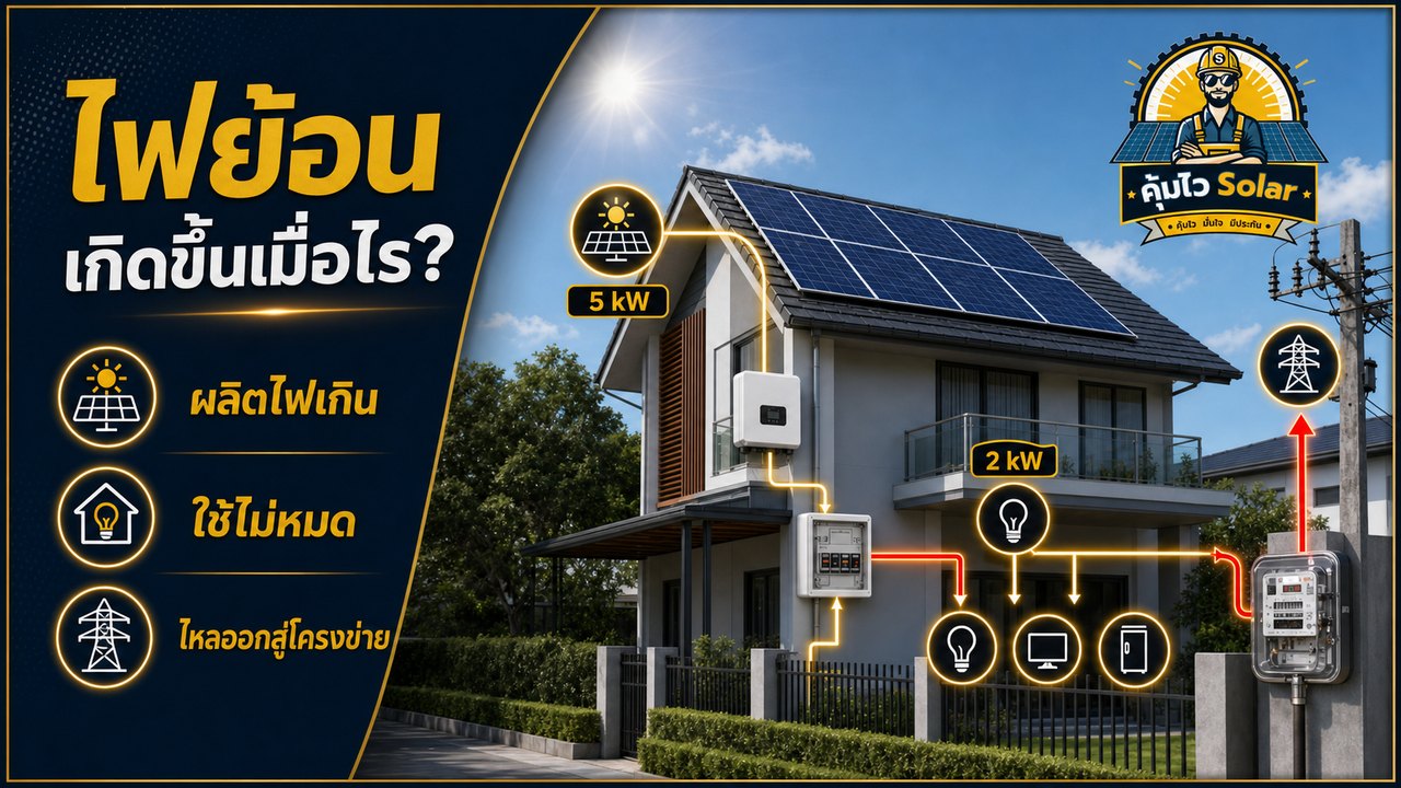 ภาพอธิบายไฟจากโซลาร์ส่วนเกินไหลผ่านมิเตอร์ออกสู่โครงข่ายการไฟฟ้า