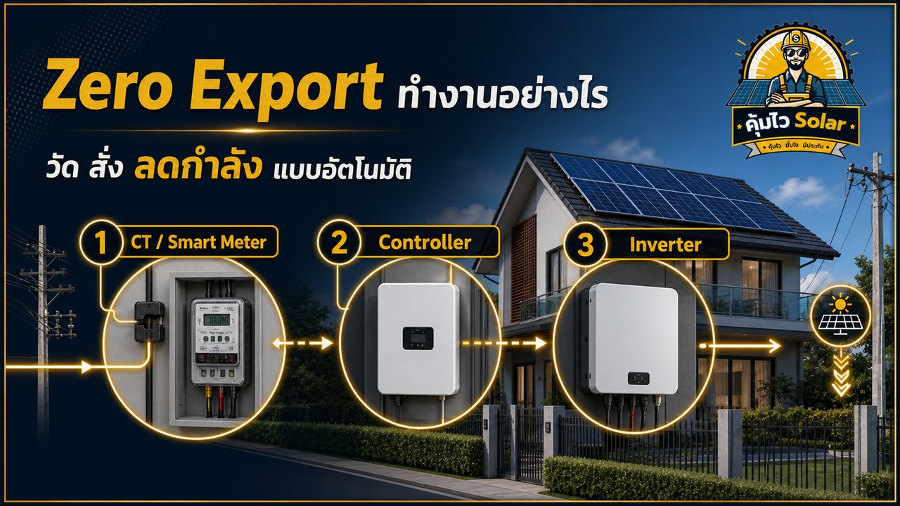 แผนภาพการทำงานร่วมกันของ CT มิเตอร์วัดพลังงาน ตัวควบคุม และอินเวอร์เตอร์ Zero Export