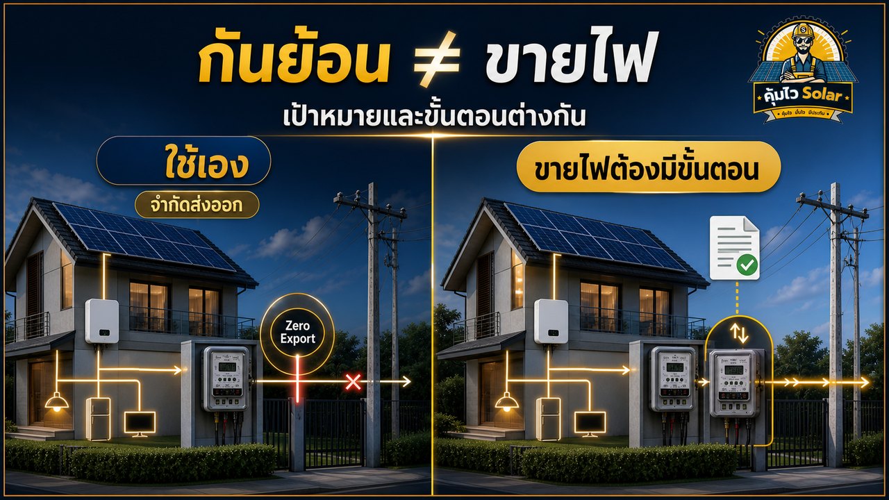 ภาพเปรียบเทียบระบบโซลาร์ใช้เองแบบกันย้อนกับระบบที่ได้รับอนุญาตให้ขายไฟ