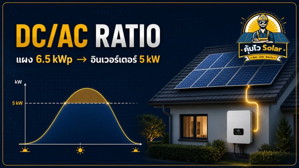 DC AC Ratio แผง 6.5 kWp กับอินเวอร์เตอร์ 5 kW และกราฟ Inverter Clipping