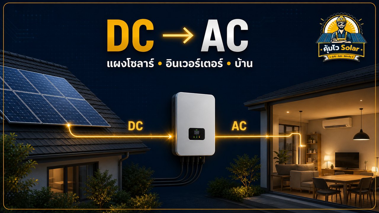 Diagram อธิบายไฟ DC จากแผงผ่านอินเวอร์เตอร์เป็นไฟ AC สำหรับบ้าน