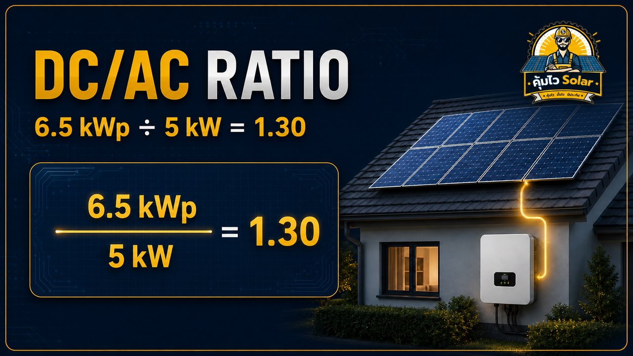 สูตรคำนวณ DC AC Ratio จากกำลังแผง kWp หารด้วยกำลังอินเวอร์เตอร์ kW