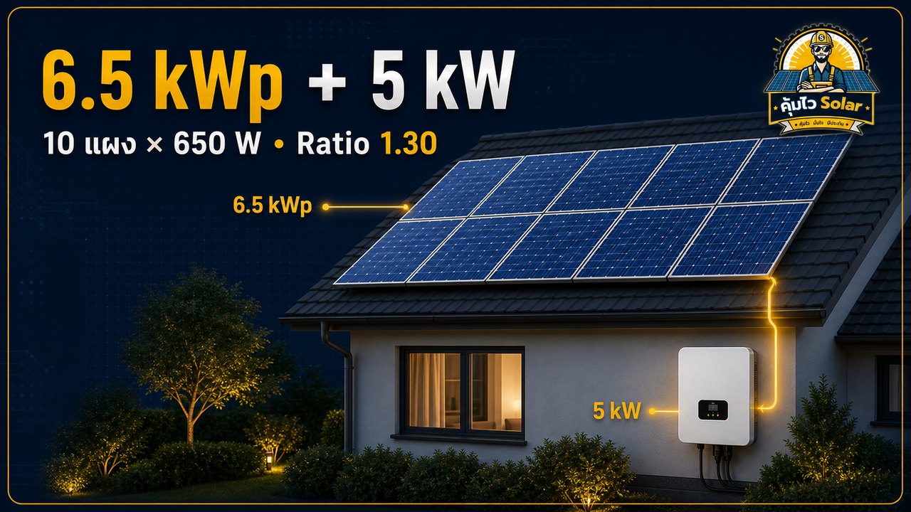 ตัวอย่างแผง 10 แผงรวม 6.5 kWp กับอินเวอร์เตอร์ 5 kW ได้ DC AC Ratio 1.30