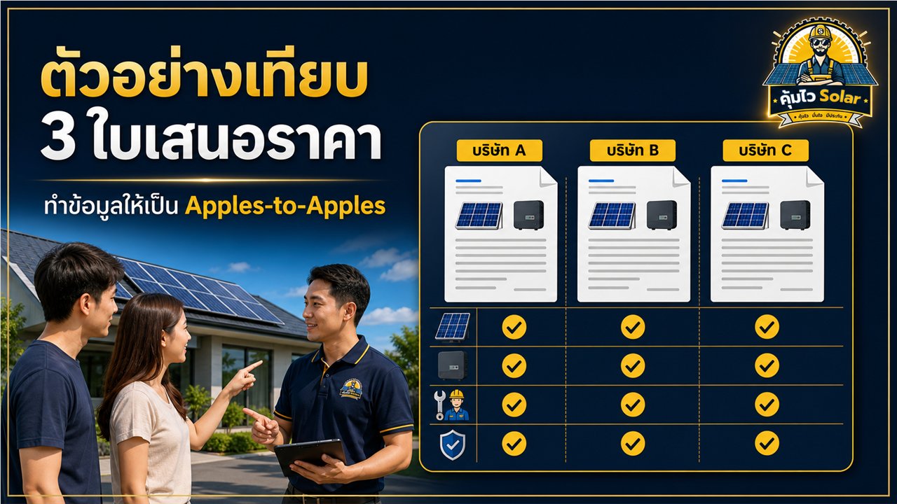 ตัวอย่างตารางเปรียบเทียบใบเสนอราคาโซล่าเซลล์สามบริษัทบนฐานเดียวกัน