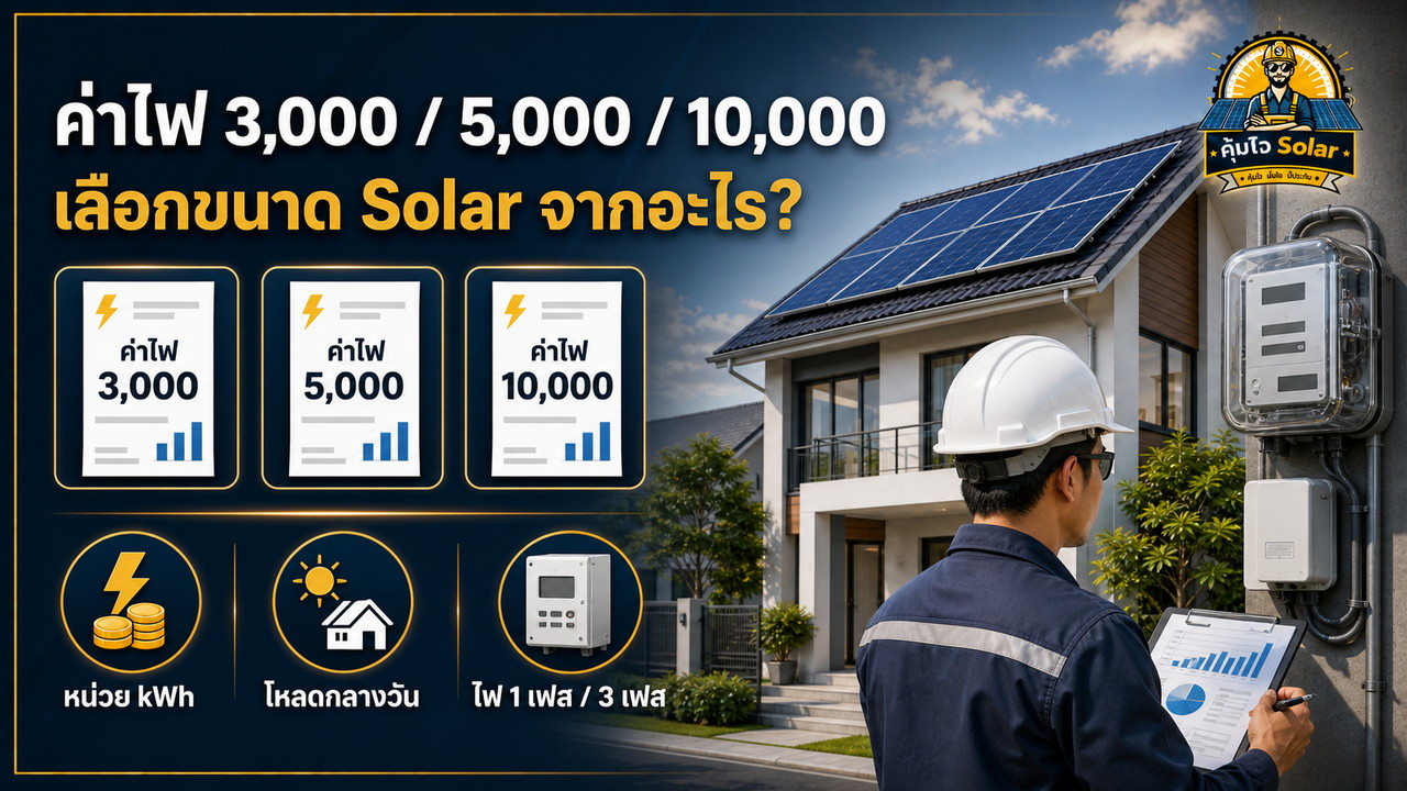 บ้านค่าไฟ 3,000 5,000 และ 10,000 บาท ประเมินโซลาร์จาก kWh โหลดกลางวัน และเฟสไฟ
