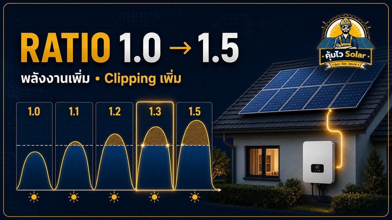 กราฟเปรียบเทียบ DC AC Ratio 1.0 ถึง 1.5 กับพลังงานและ Clipping