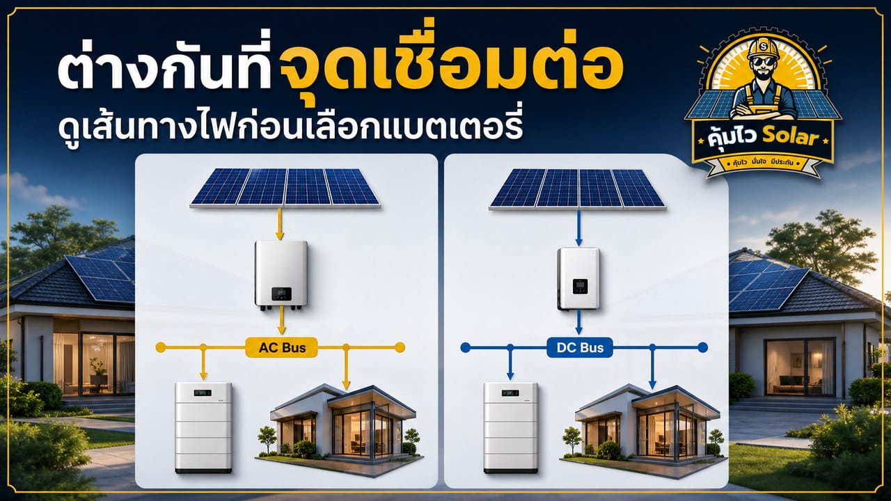 แผนภาพเส้นทางพลังงาน AC-Coupled และ DC-Coupled ระหว่างแผง อินเวอร์เตอร์ แบตเตอรี่ และบ้าน