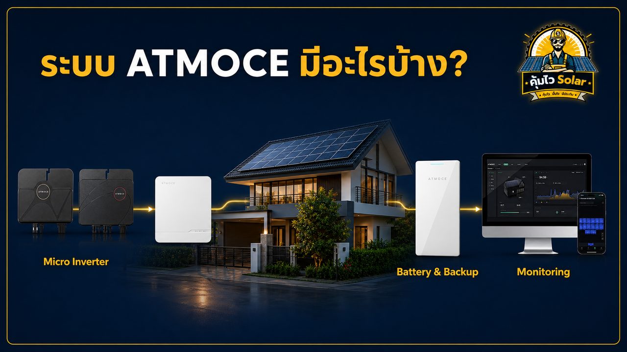 ภาพรวมระบบ ATMOCE ประกอบด้วย Micro Inverter ระบบ Atmozen แบตเตอรี่ และอุปกรณ์ Backup