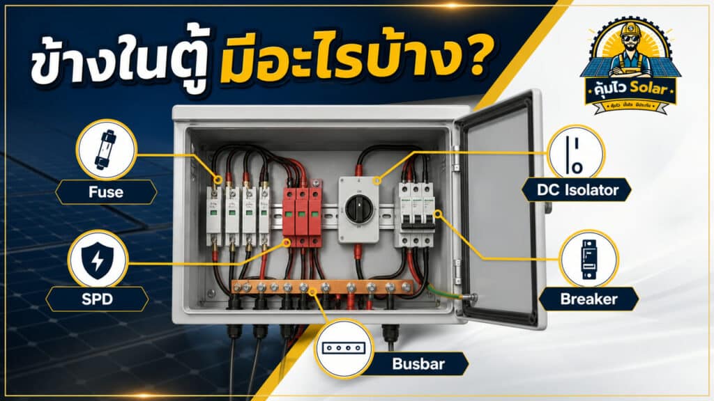 อุปกรณ์ภายในตู้คอมบายเนอร์ ได้แก่ Fuse SPD DC Isolator Breaker และ Busbar