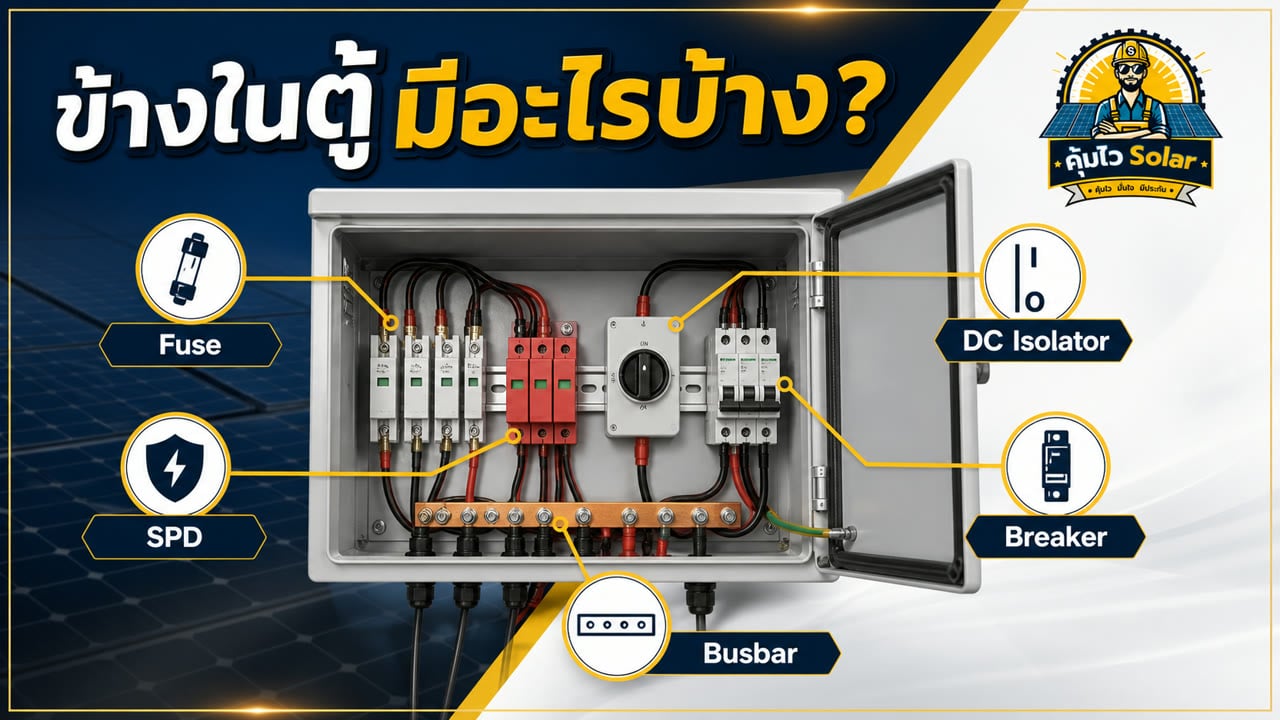 อุปกรณ์ภายในตู้คอมบายเนอร์ ได้แก่ Fuse SPD DC Isolator Breaker และ Busbar