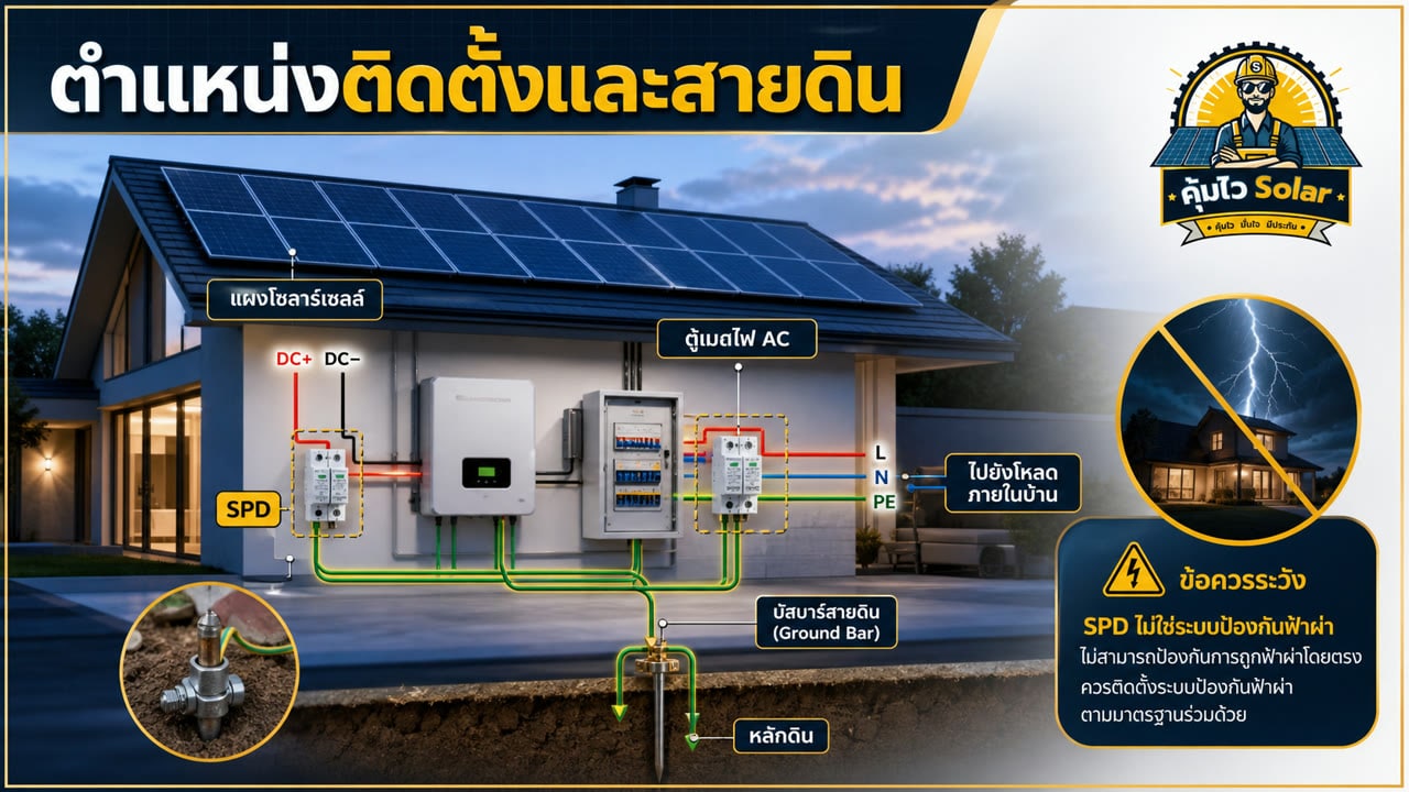 ตำแหน่งติดตั้ง SPD และการเชื่อมต่อสายดินในระบบโซลาร์