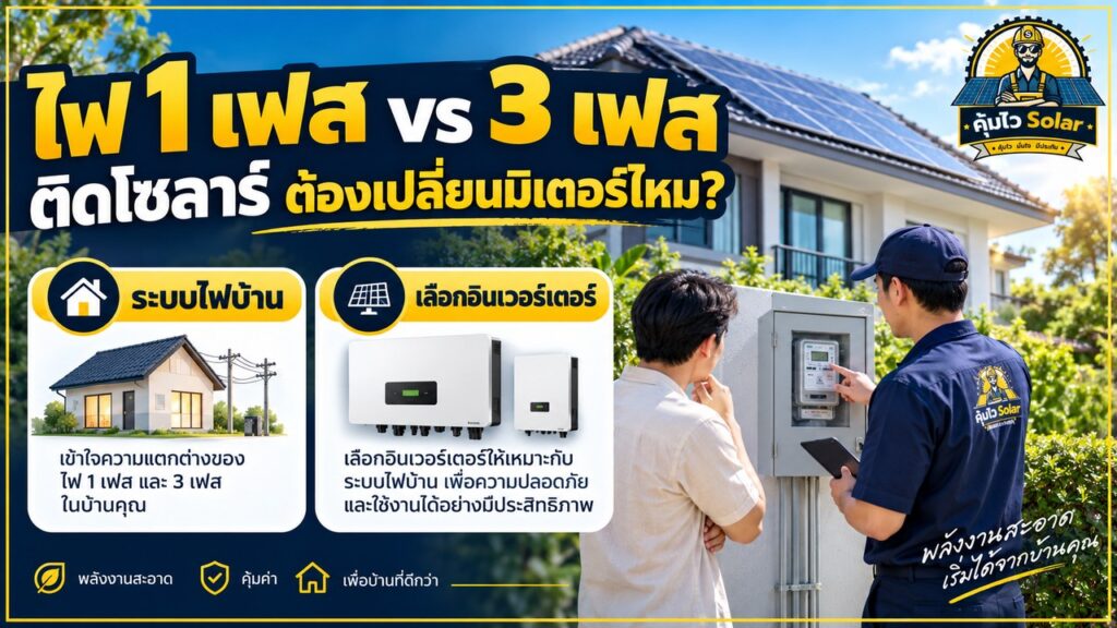 ภาพบ้านติดโซลาร์และการประเมินระบบไฟ 1 เฟสกับ 3 เฟสก่อนเลือกอินเวอร์เตอร์