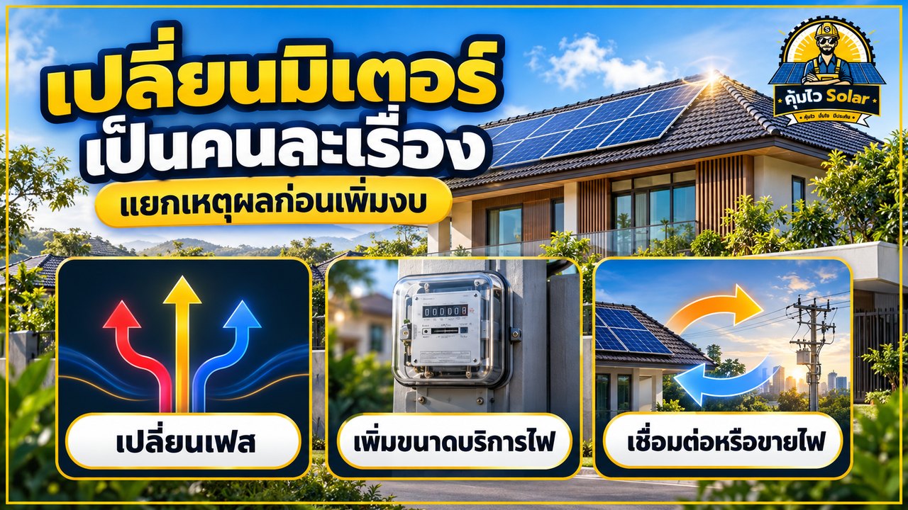 ภาพแยกการเปลี่ยนเฟส เพิ่มขนาดบริการไฟ และมิเตอร์สำหรับเชื่อมต่อหรือขายไฟ