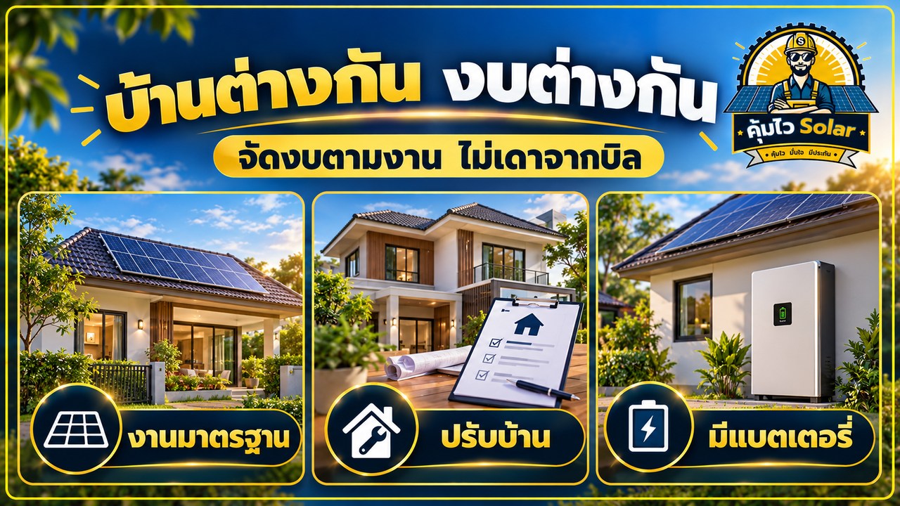 ตัวอย่างบ้านสามกรณีสำหรับจัดงบ ได้แก่ งานมาตรฐาน งานปรับบ้าน และระบบมีแบตเตอรี่
