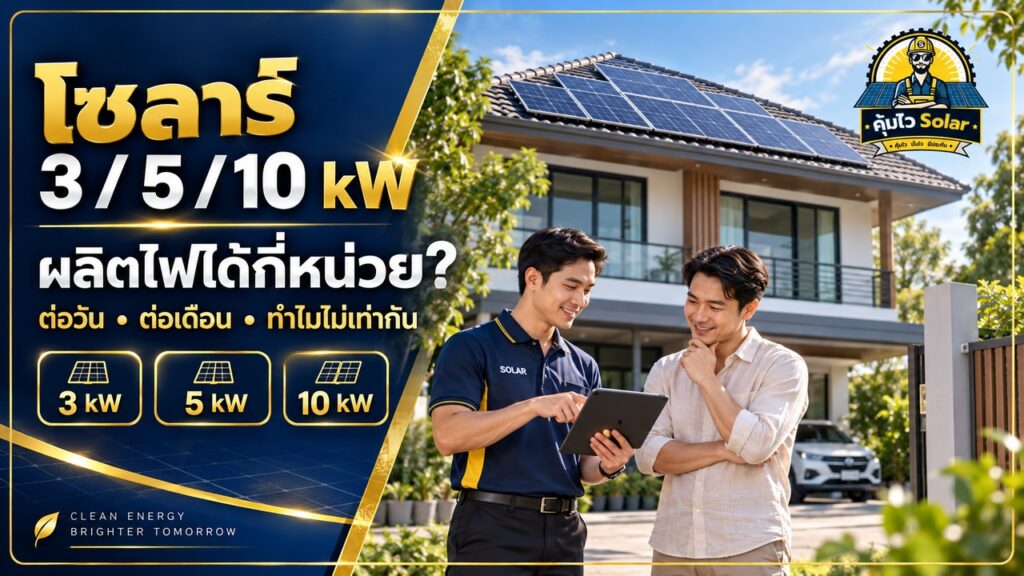 ภาพปกโซลาร์เซลล์ 3 5 และ 10 kW อธิบายผลผลิตไฟต่อวันและเดือน